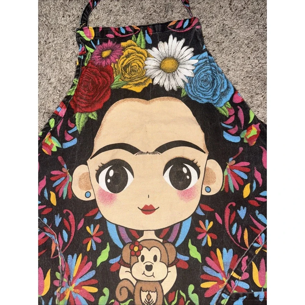 Frida Kahlo cartoon Mandil Apron‎ multi purpose pocket Sunflower Monkey flowers